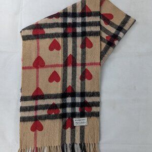 Burberry Classic Nova Check Red Heart 100% Cashmere Beige Scarf Made In Scotland